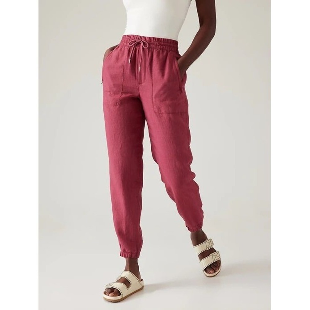 Athleta Retreat 100% Linen Jogger Pants Size 8P Petite NWT Pink Travel Casual - Picture 1 of 12